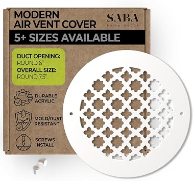 SABA Home Decor Air Vent Cover Grille - Acrylic Plexiglass 6 Round Duct Opening 7.5 Overall White Finish Decorative Registers for Walls and Ceilings NOT Floor USE, Venetian 1, Screws