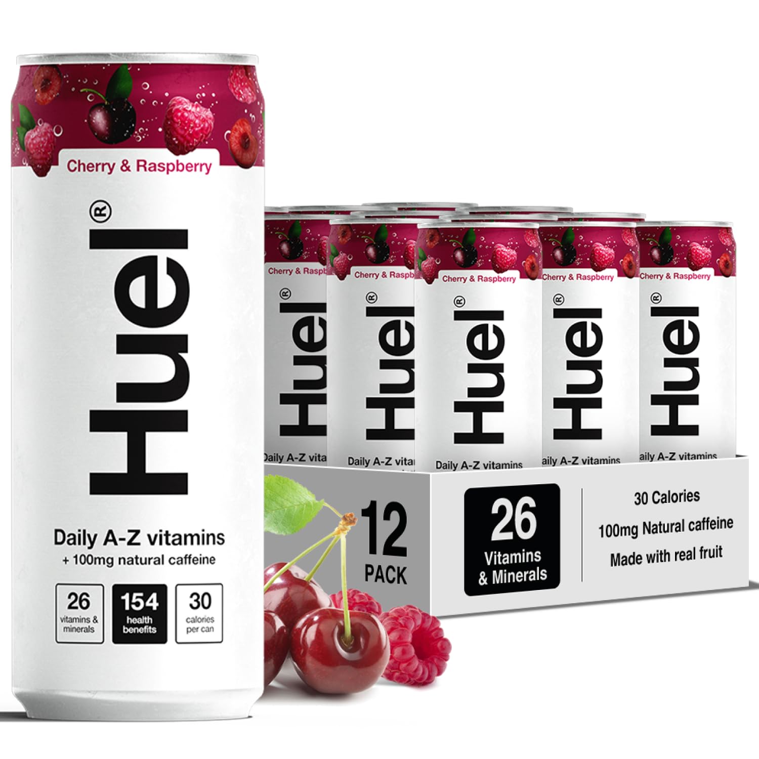 Daily A-Z Vitamins Energy Drink, 12 x 330ml Cans, Cherry & Raspberry Sparkling Multivitamin Energy Drink, Fizzy Drinks Made with Real Fruit, Rich in Electrolytes, Low Calorie, Caffeine Boost