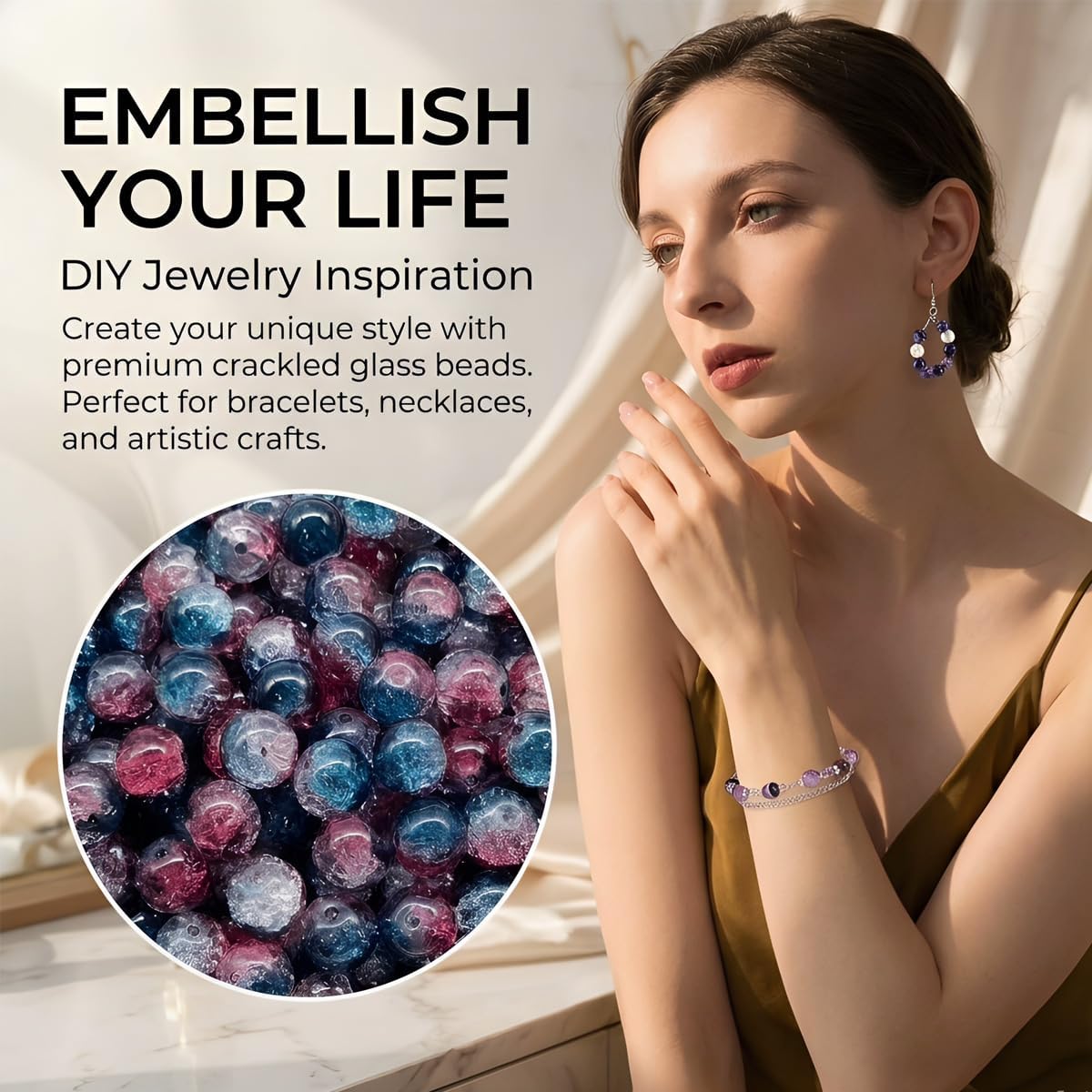100pcs Crackle Glass Beads 10mm Crystal Glass Beads Round Spacer Glass Beads Loose Beads for Crafts Earrings Necklaces Bracelets Jewelry Making Blue-Red image 3