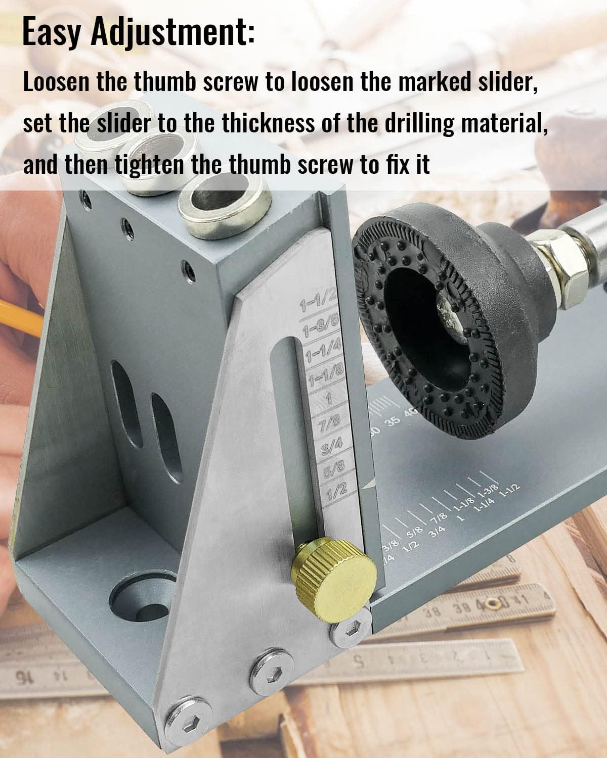 Pocket Hole Jig Kit, Professional Hardened Steel Pocket Screw Jig, 2-3/8 inch Drill Bits All-Metal Inclined Hole Locator for Hardwoods Softwoods Sheet, Silver Grey