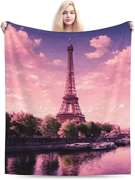 Throw Blanket 60"x50" Reversible Plush Blanket Ultra-Soft Micro Fleece Blankets Romantic Paris Throw Lightweight Warm Cozy Throws for Living Room Sofa Couch Bed