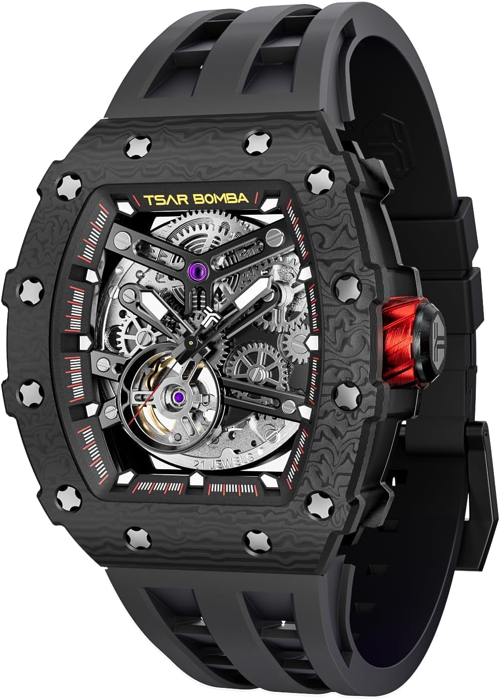 Tsar Bomba Men's Watch Automatic Skeleton Mechanism Watch Luxury Sapphire Barrel Waterproof 50 m Durable Brand Rectangular Diving Sport Military Gift Man