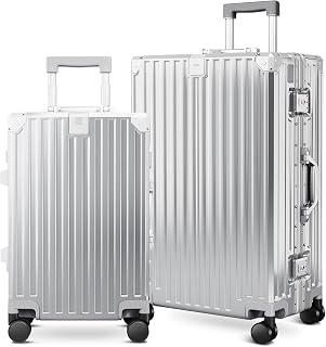 Kofferset 2 Teilig Größe M L Reisekoffer Leicht Hartschalenkoffer Polycarbonat Luggage Suitcase mit Rollen TSA Schloss & Aluminium Rahmen Handgepäck Silber