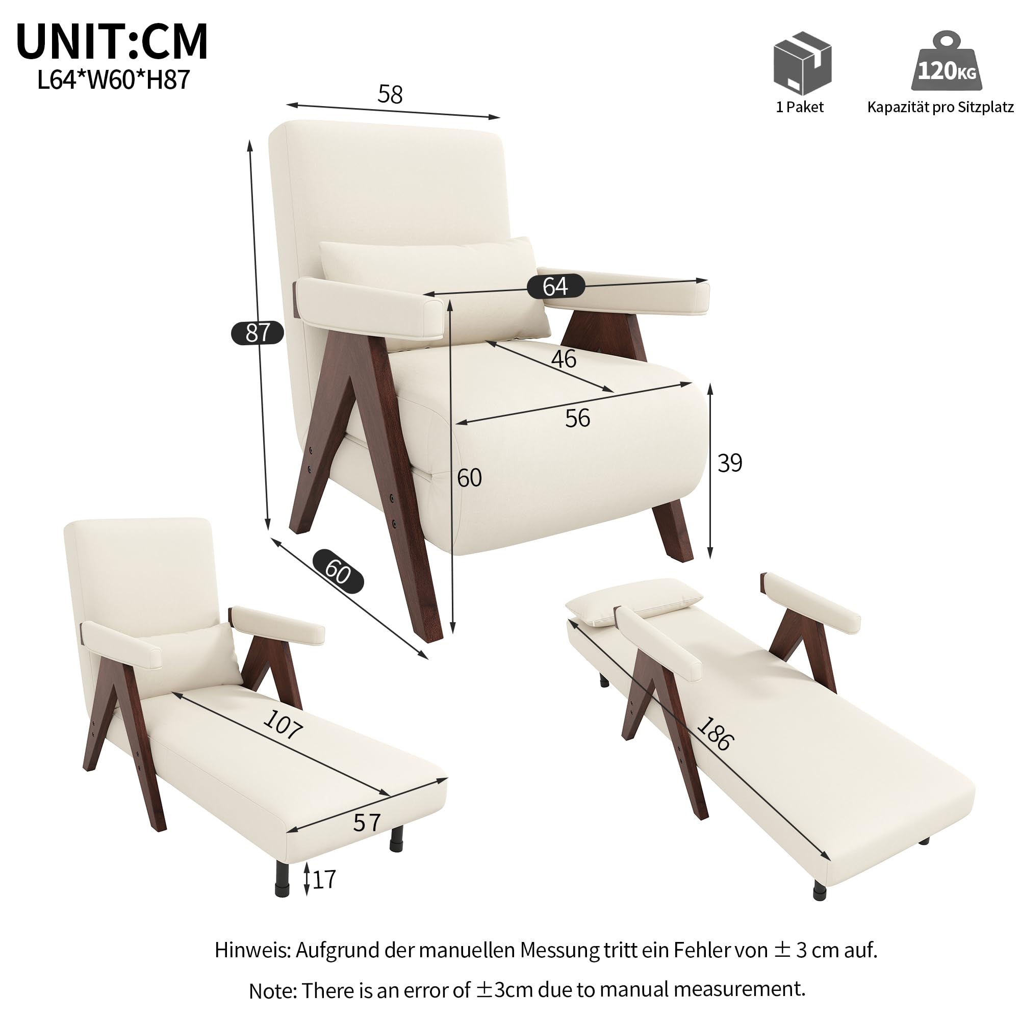 Kebnor Design Moderno: Poltrona Conversione 3 in 1 con Funzione di Sonno, Divano Letto Trasformabile, Pieghevole Imbottita, Lounge, Letto Singolo, Adatta per