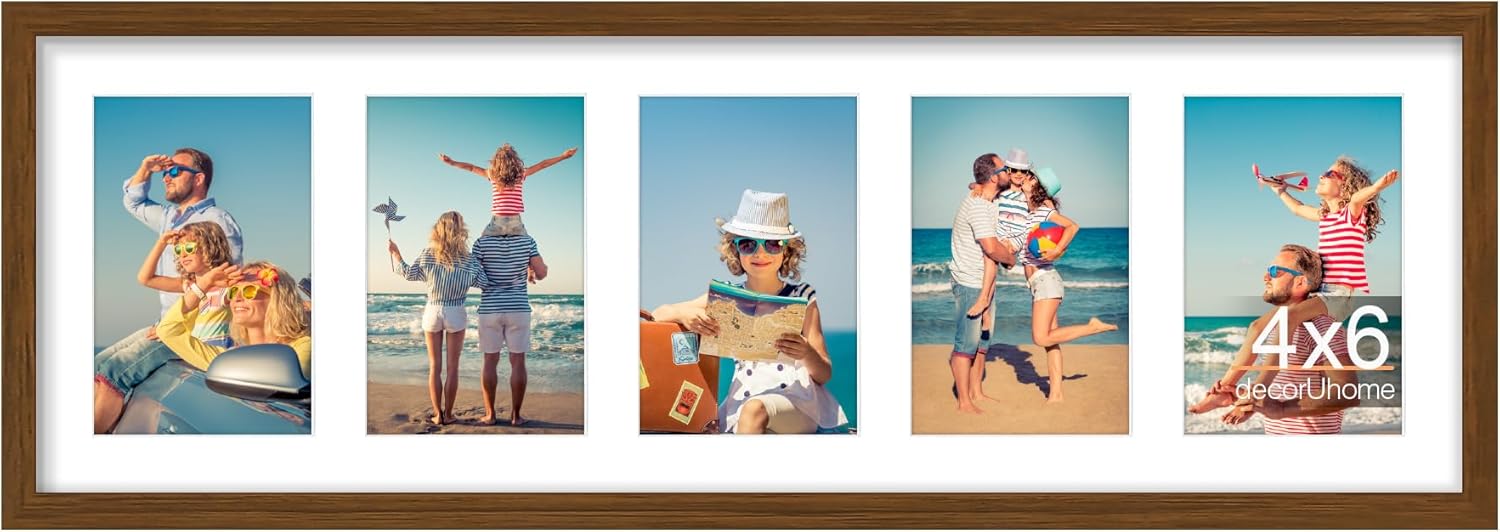 decorUhome 8x24 Picture Frames Collage Wall Decor, Display 5Pcs 4x6 Photos with Mat or 1Pcs 8x24 Unmatted, 5 4x6 Collage Picture Frames for Wall Mounting, Brown 8x24 (5-4x6) Brown