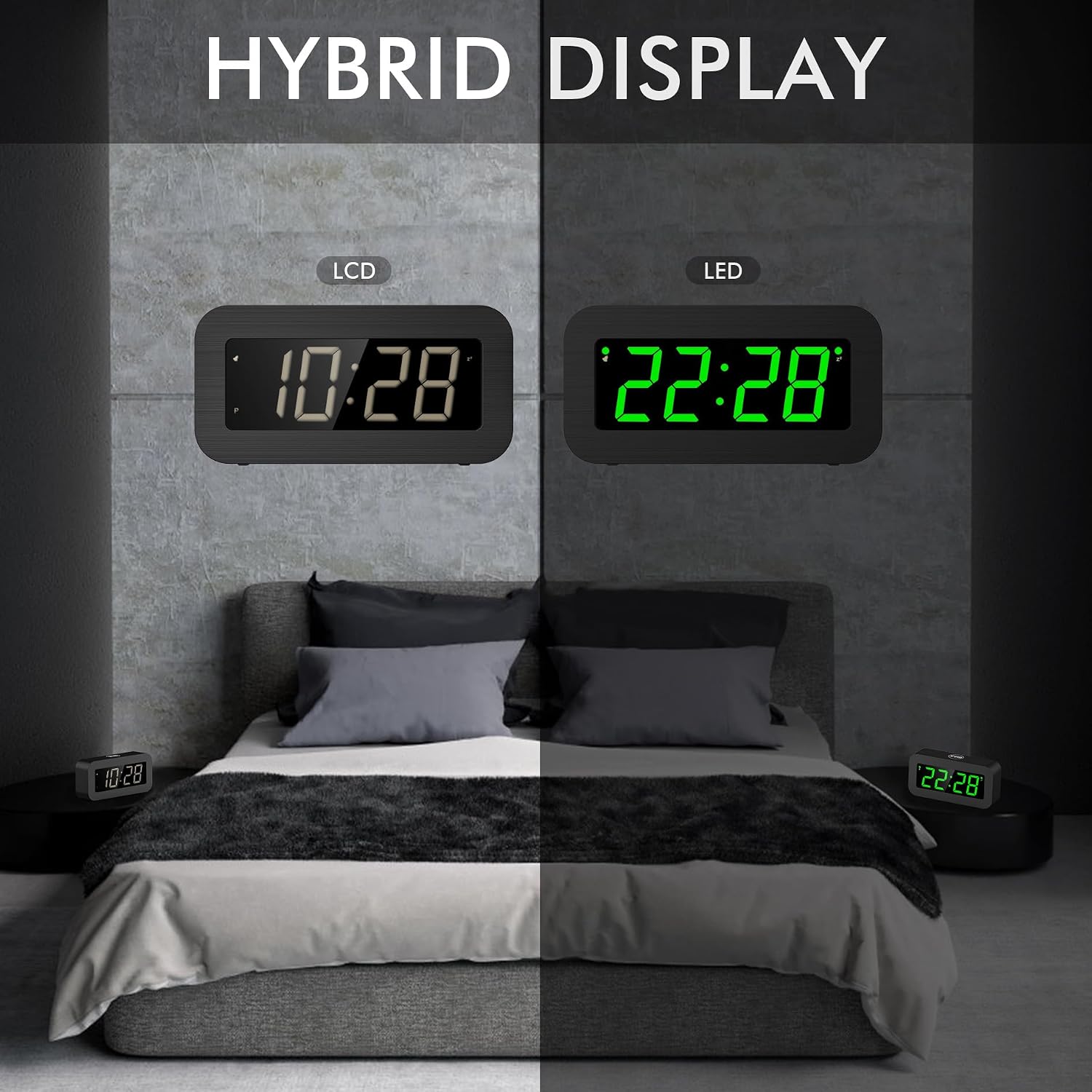 Digital Alarm Clock with Hybrid LED/LCD Time Display, Battery Operated or Plug-in, Small Simple Basic Clock for Travel Home Bedroom Wall (Green Display)