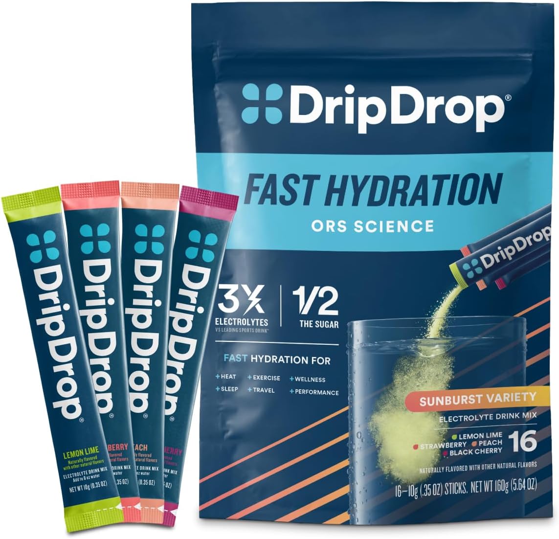 Hydration Packets - Sunburst Variety Pack - Single Serve Electrolytes Powder Drink Mix - Lemon Lime, Strawberry, Peach, Black Cherry - Non-GMO, Gluten Free, Vegan - 16 Sticks