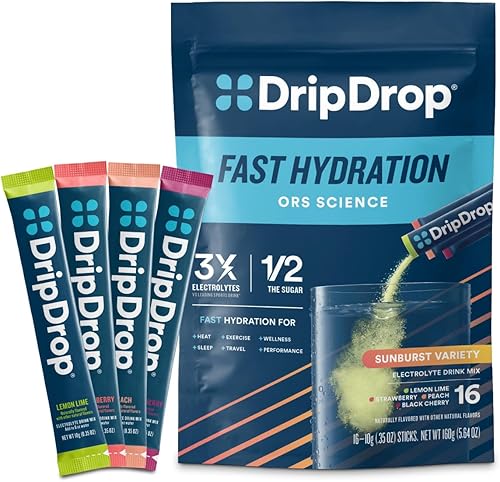 DripDrop Paquetes de hidratación  Paquete variado Sunburst  Mezcla de bebidas en polvo de electrolitos de una sola porción  Limón Lima, fresa,
