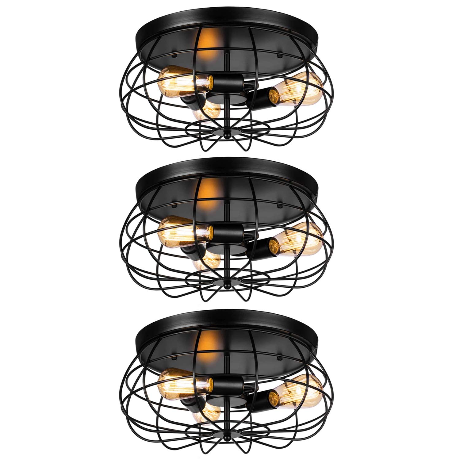 Elibbren3 Pack Vintage Semi Flush Mount Ceiling Light, E26 Industrial Metal Cage Ceiling Light Fixture 3 Lights for Bedroom Kitchen Dining Room Living Room, UL Listed