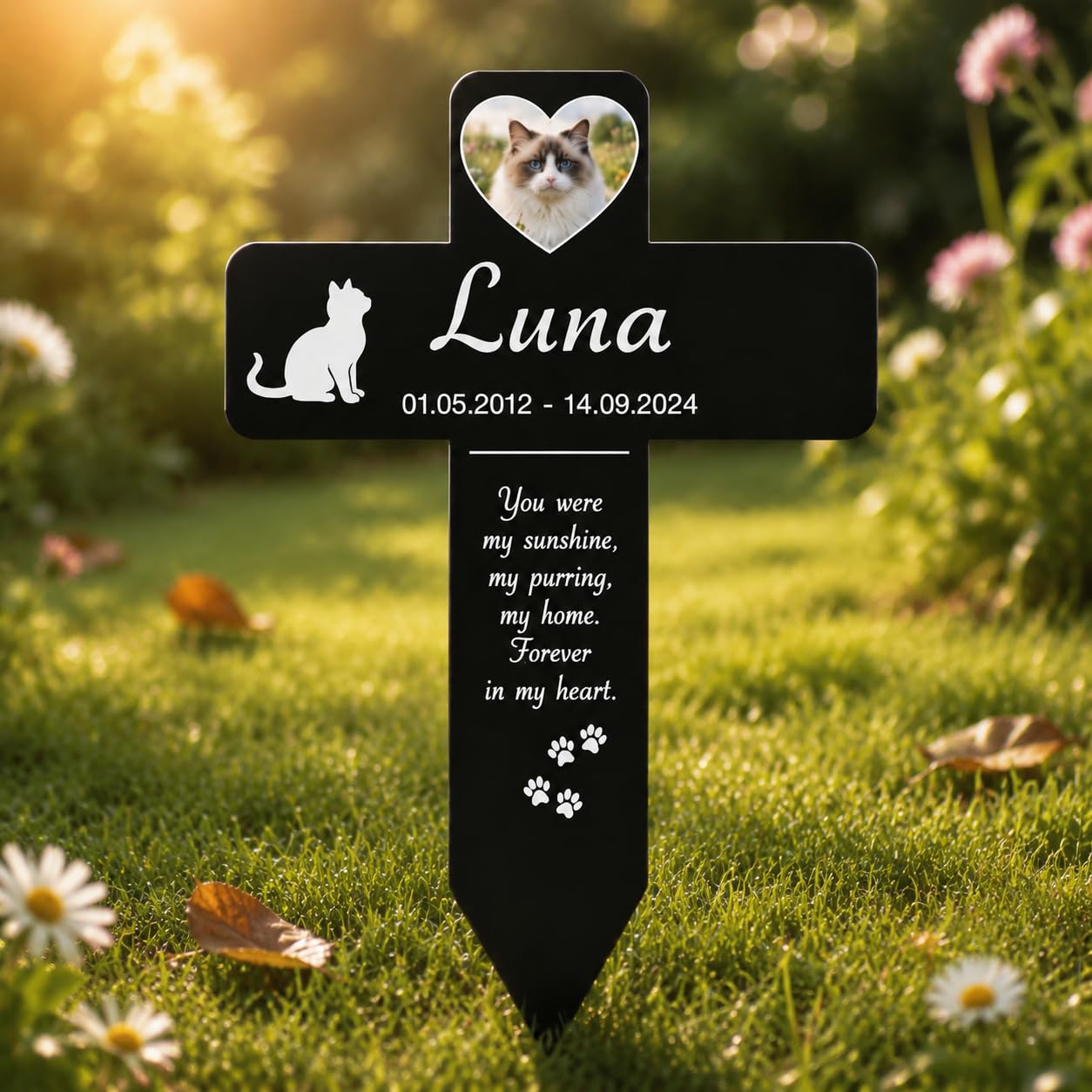 VEELU Personalised Pet Memorial Cross Garden Stake, Custom Photo Dog & Cat Memorial Plaque with Name Date Text, Outdoor Pet Remembrance Sign for Garden Grave Yard, Pet Loss Sympathy Gift (01)
