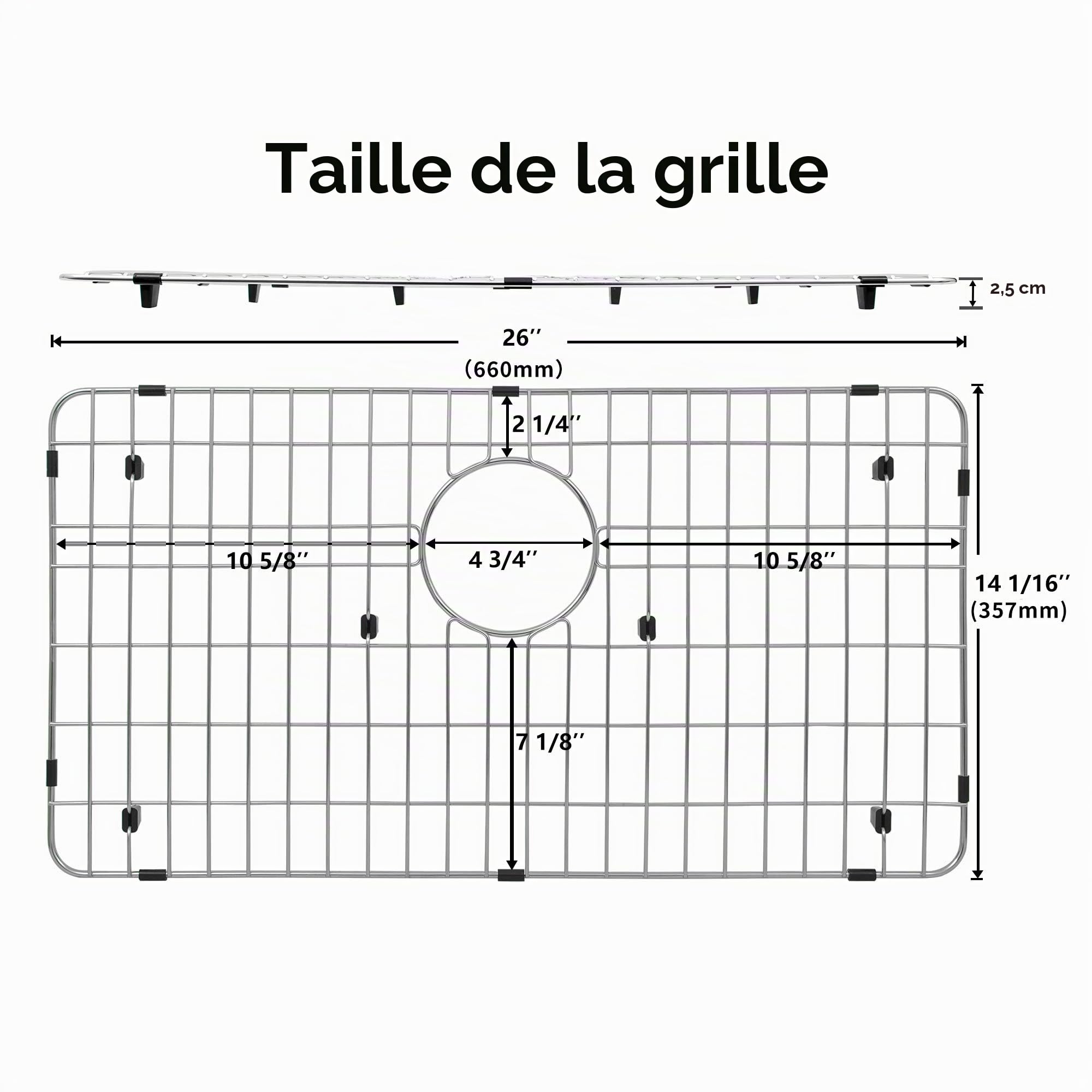 Grille inférieure d'évier de cuisine en acier inoxydable et grille de protection pour évier de cuisine, 66 x 35,6 cm avec drain arrière pour évier simple