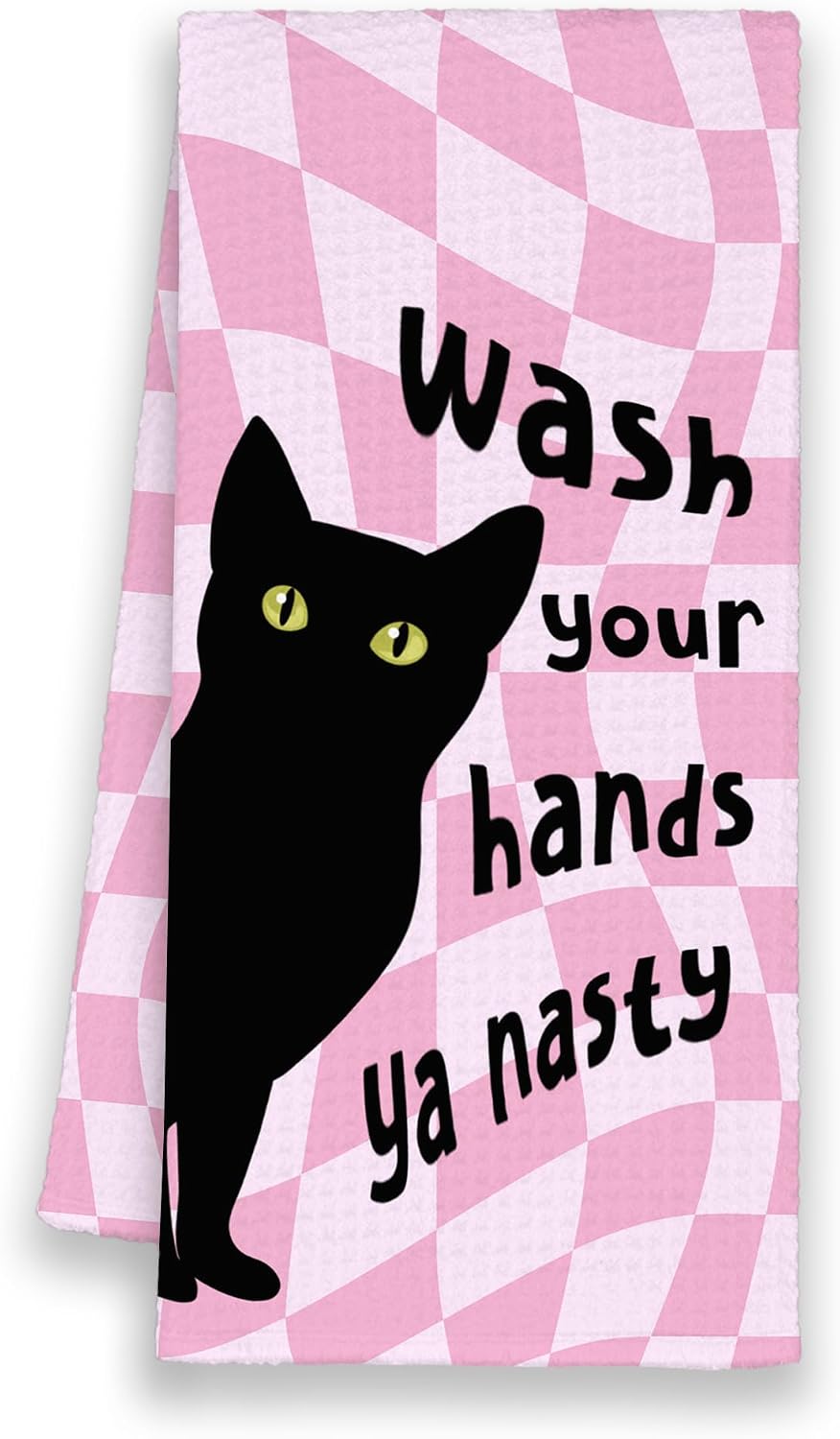 Funny Pink Black Cat Bathroom Kitchen Towels Gifts for Cat Lovers, Wash Your Hands Hand Towels for Bathroom, Cute Trendy Preppy Decorative Dish Towel Decor for Kitchen Dorm 16x24in