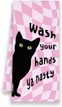 Funny Pink Black Cat Bathroom Kitchen Towels Gifts for Cat Lovers, Wash Your Hands Hand Towels for Bathroom, Cute Trendy Preppy Decorative Dish Towel Decor for Kitchen Dorm 16x24in