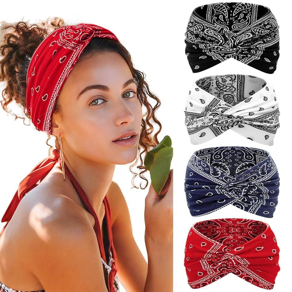 Kavya Haarband Damen Stirnband Damen 4er Pack – 7'' Extra Breit Haarbänder Dünn, Elastische Kopftuch Weiche Boho Mehrfarbig Headband, für Yoga, Kosmetik, Sport & Haarschmuck Sommer