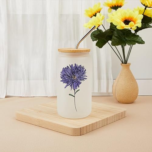 Miniatura 4 de Vaso de café helado personalizado con tapa de bambú y popote de plástico, taza de vidrio con nombre con flor de nacimiento, taza de café en forma de