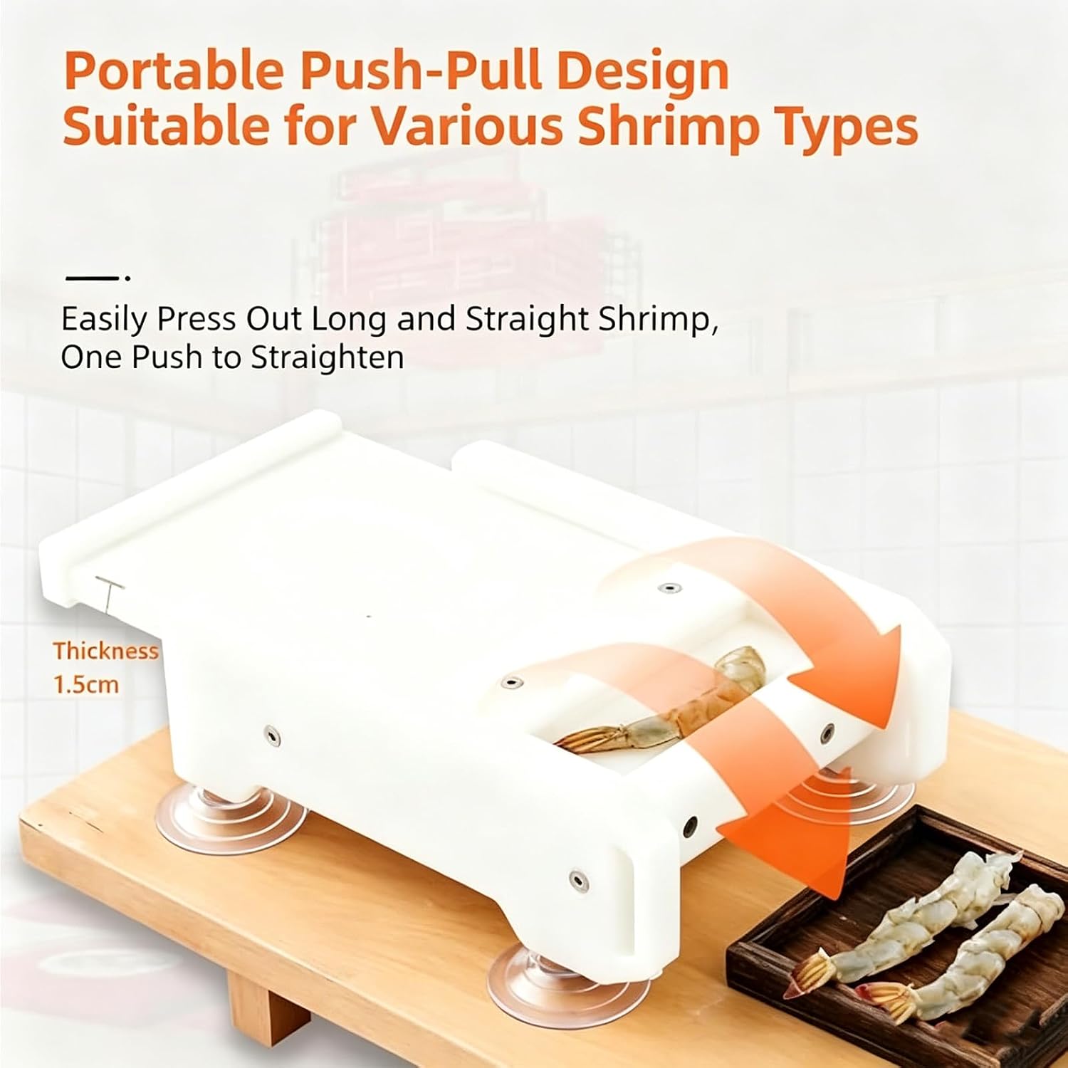 Tempura Shrimp Press Tool, Push-Pull Shrimp Pressing Tool, with 4 Suction Cups & Drainage Holes, Removable, for Restaurants and Home Use