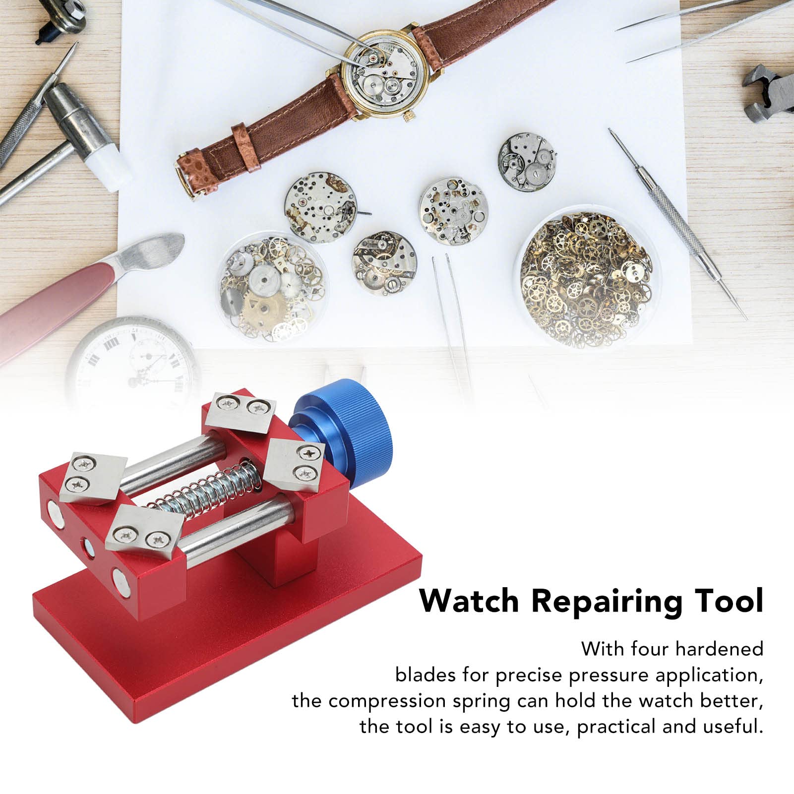 Herramienta para quitar bisel de reloj, herramienta de reparación de relojes de acero inoxidable con 4 cuchillas endurecidas y resorte de compresión fuerte, abridor de bisel a (Roja)