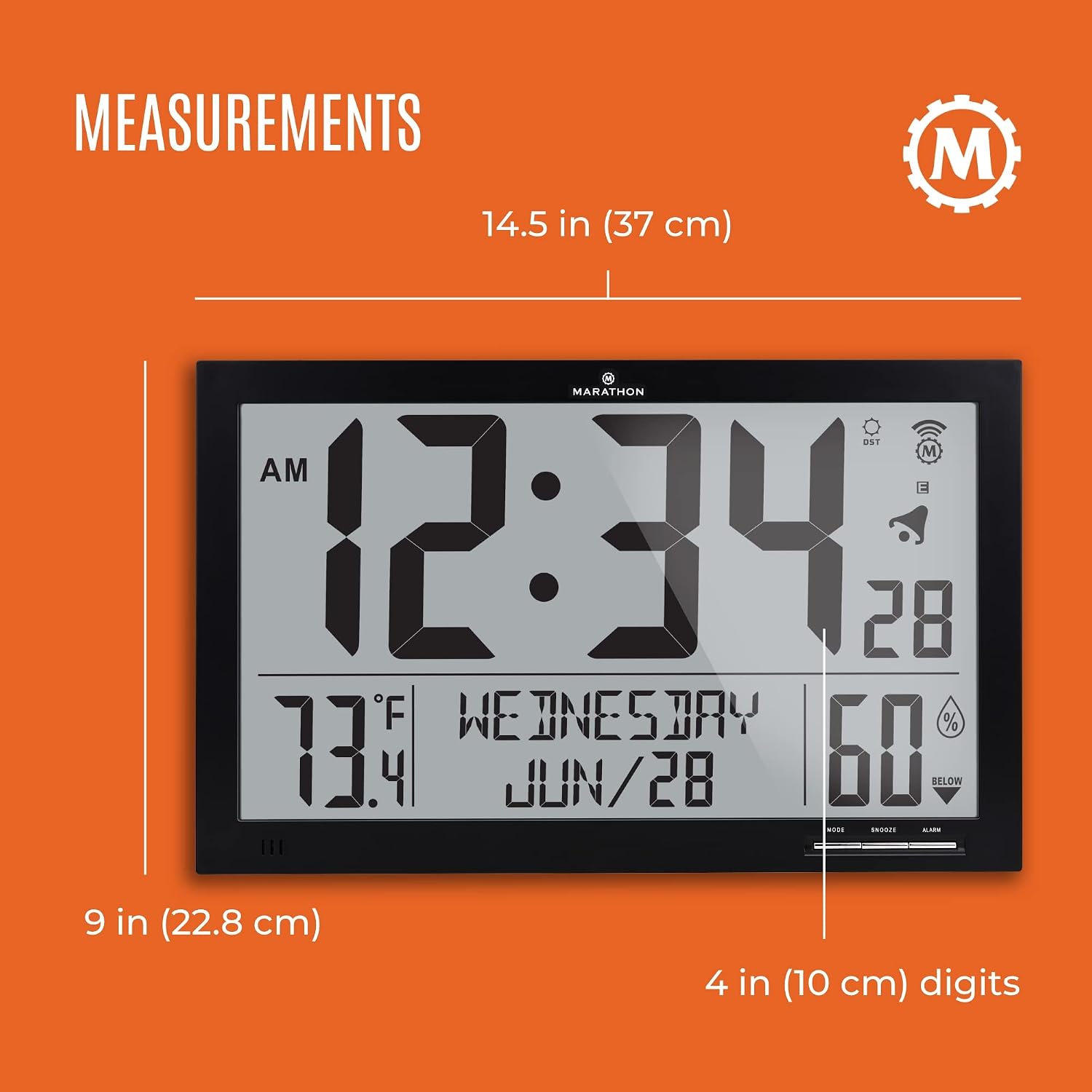 MARATHON Slim Jumbo Atomic Wall Clock, Black - Large 15-Inch Full Calendar Display, AM/PM or 24-Hour Time Format, 7 Time Zones, Indoor Temperature & Humidity - Four AA Batteries Included