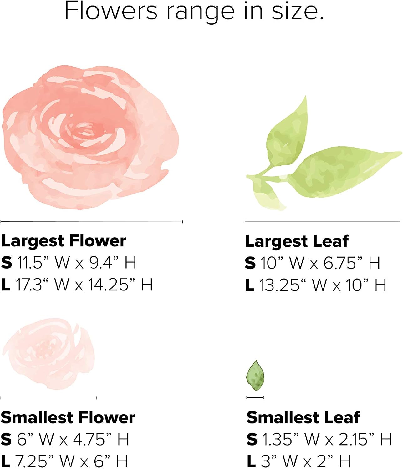 Sunny Decals Watercolor Flowers Fabric Wall Decal - Set of 8 Flowers and Leaves - Non-Toxic, Reusable, Repositionable