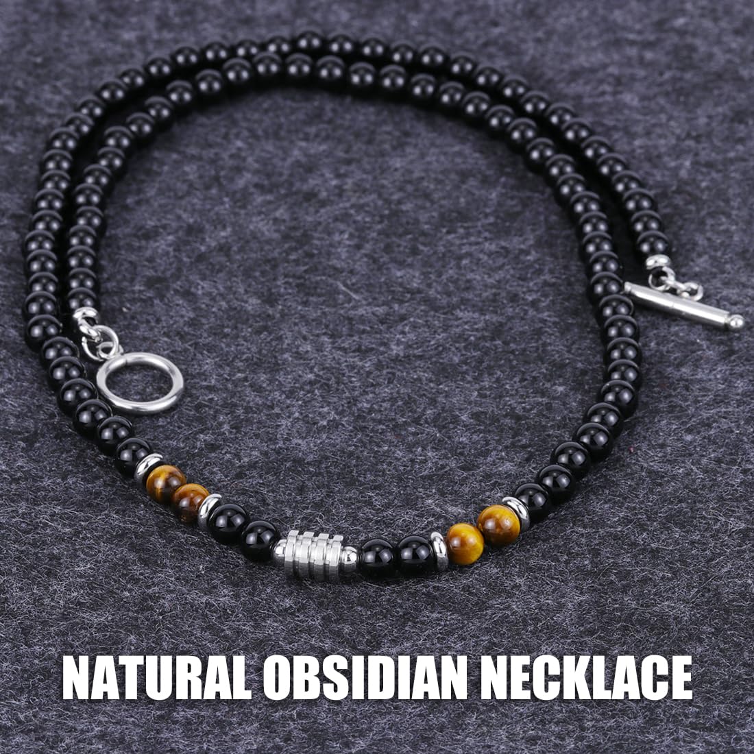 Collana da Uomo in Pietre e Cristalli, Collana da Uomo con Perle di Pietre Naturali e Cristalli, Collana in occhio di tigre e ossidiana