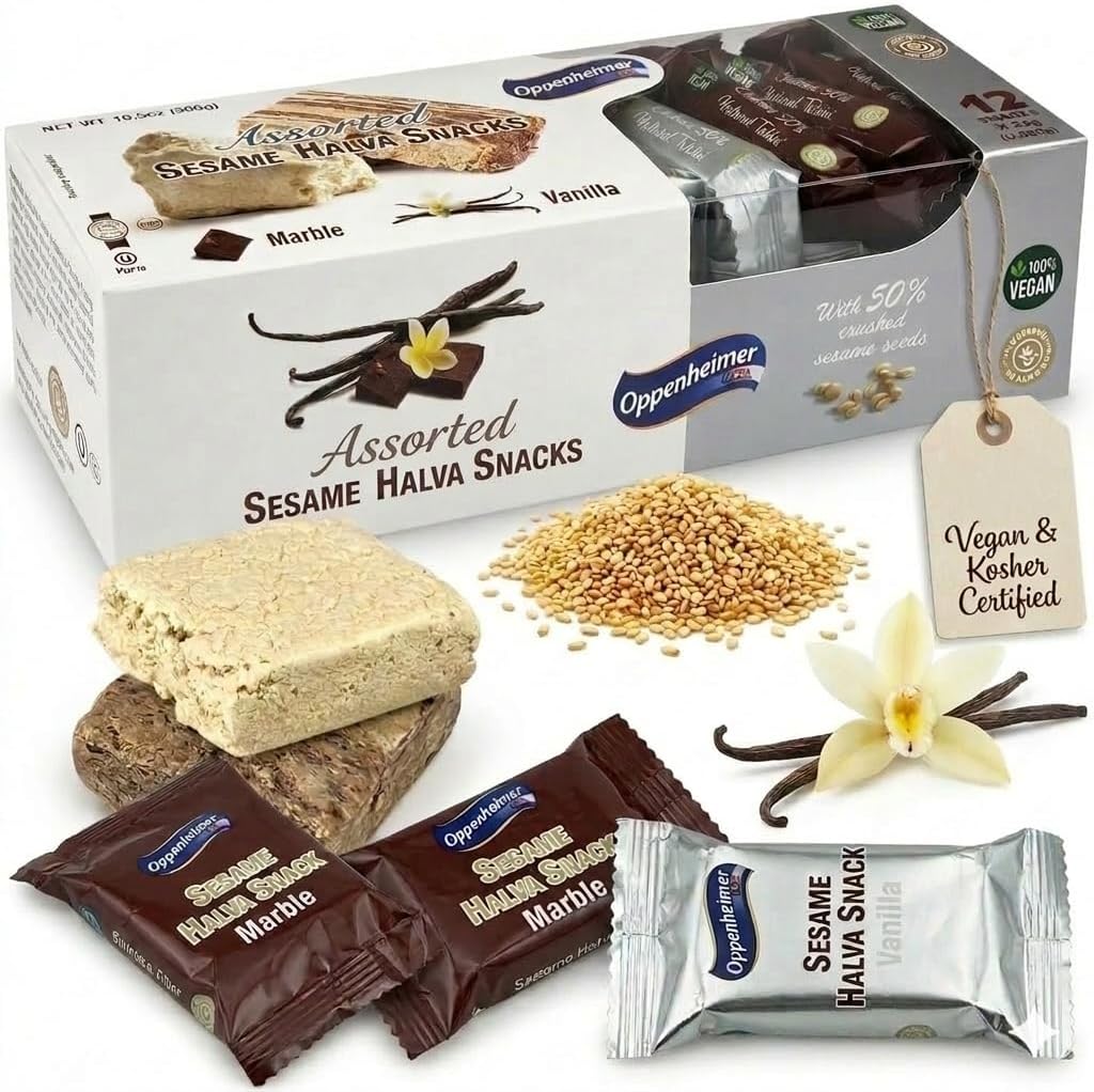 Assorted Sesame Halva Snacks Vanilla and Marble Flavors - Delicious Sweet Israeli Snacks Sesame Treat Bars Assortment for Melt-in-Your Mouth Delight, Vegan, Kosher - 12 Pack, 0.88 Oz Each (Total 25g)