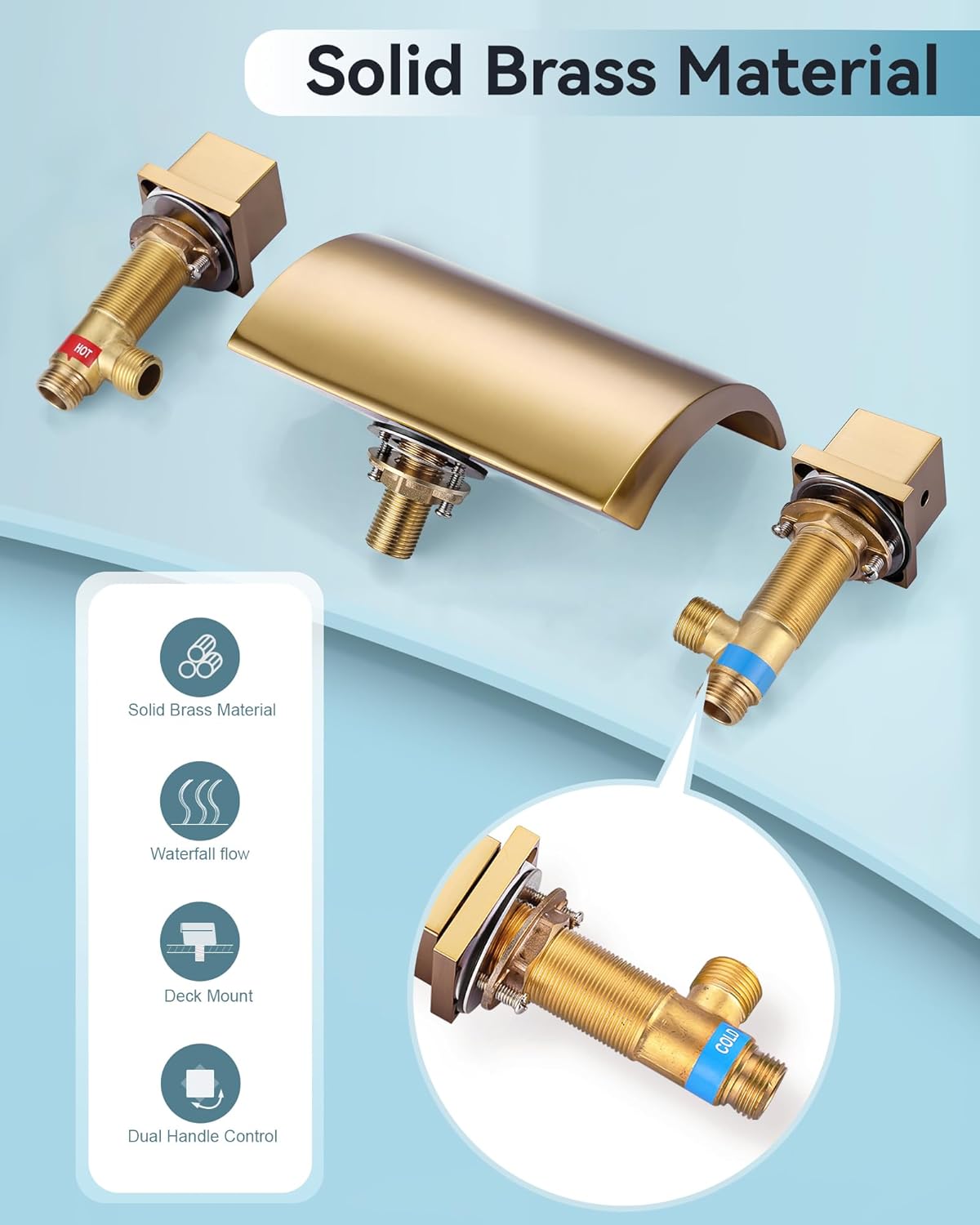 ALEASHA Waterfall Tub Faucet, Brushed Gold Roman Tub Faucet Widespread Spout Deck Mount, Solid Brass 2 Handle Bathroom Bathtub Faucet