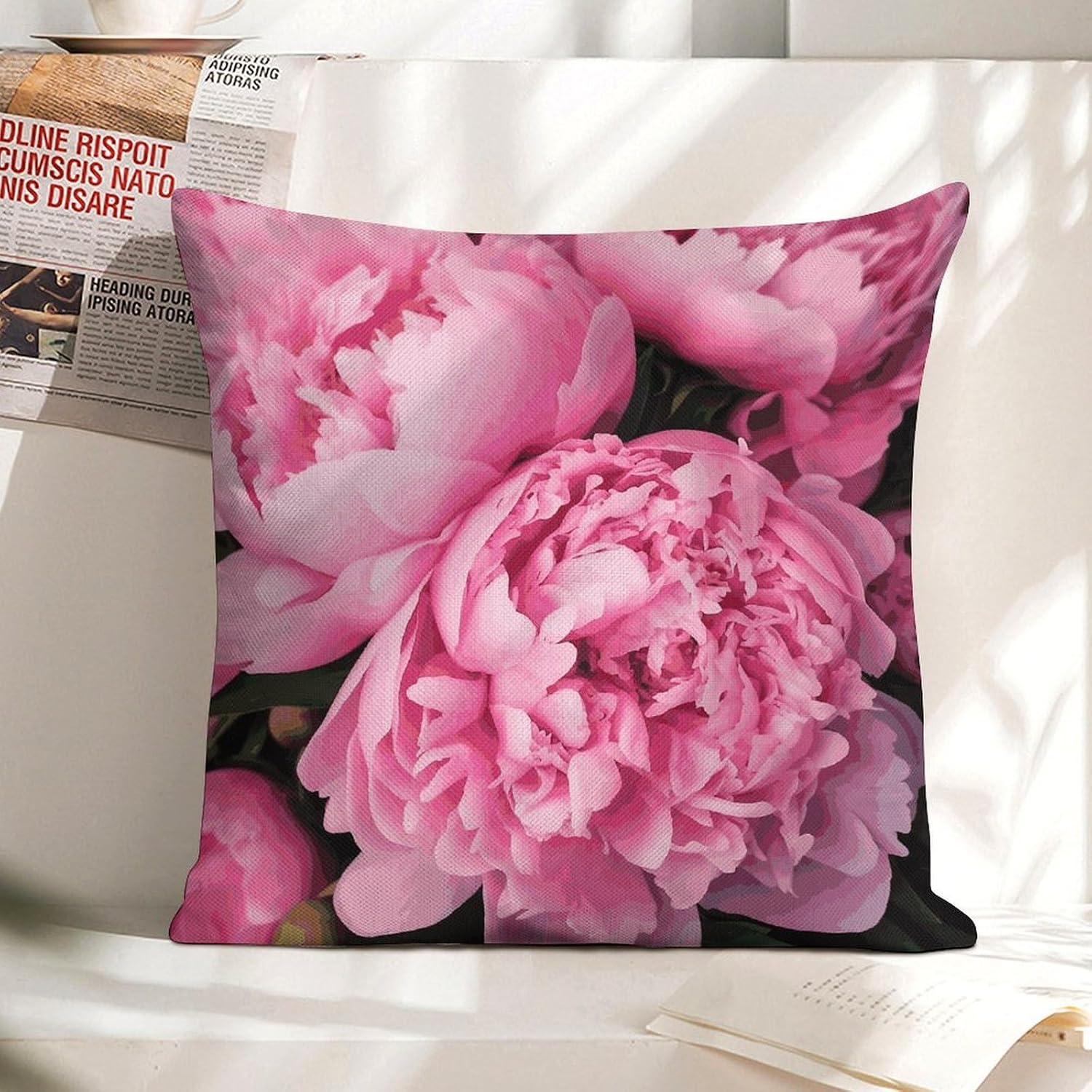 Pink Peony Pillow Protectors Cute Waterproof Pillow Cover Soft Skin-Friendly Cushion Case Decorative Square Cushion Cover for Couch Sofa Bed Living Room Bedroom