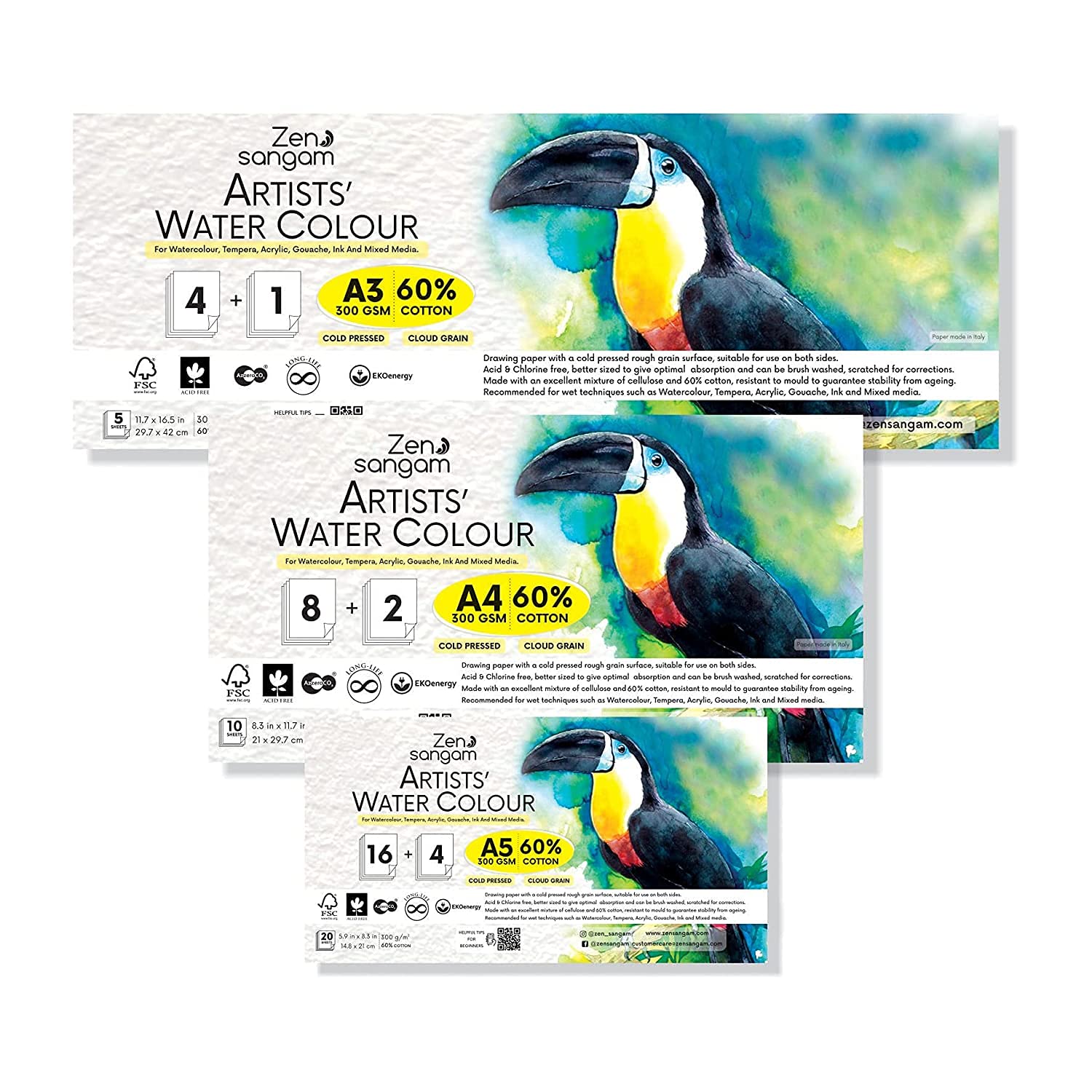 Zen Sangam Artists’ - Combo Pack of A3,A4,A5 Watercolor Sheets - 300 GSM - 60% Cotton Cold Pressed - Cloud Rough Grain Surface - for Wet on Wet Watercolour, Gouache, Acrylics, Ink and Mixed Media (B097N6T415) Amazon Price History, Amazon Price Tracker