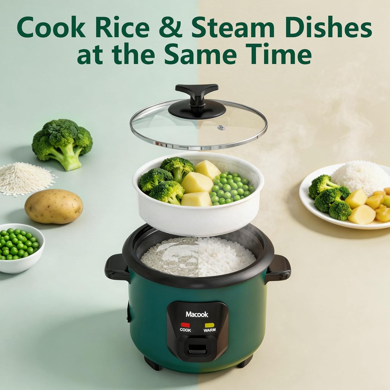Mini Rice Cooker | 6-Cup (0.6L) Small Rice Maker | One-Button Operation | Non-Stick Inner Pot | Automatic Keep Warm & Overheat-Proof | for 1-6 People, Students & Small Families (Green)