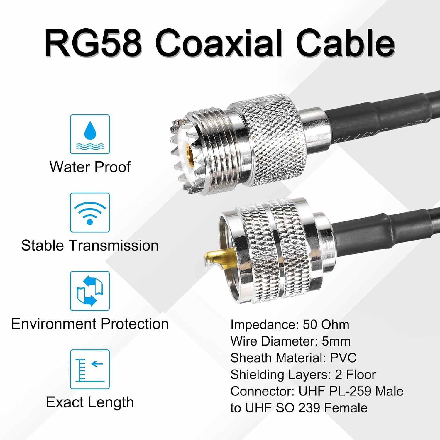 MECCANIXITY 2PCS RG58 Coaxial Cable, 1ft/0.3 M, UHF PL-259 Male to UHF SO 239 Female, 50 Ohm, Low Loss, Ham Radio, CB Radio, Antenna Analyzer