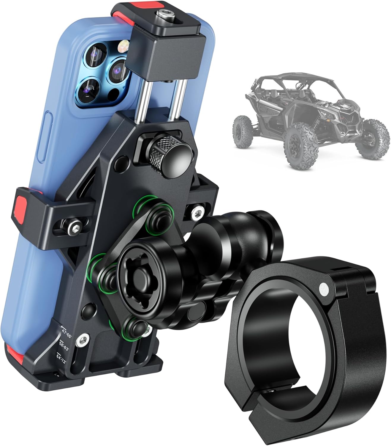 BRCOVAN Anti-Theft Aluminum Alloy UTV Phone Holder with Vibration Dampener & Secure Lock, Adjustable Roll Cage Cellphone Mount Fit 1.5''/1.65''/1.75''/1.85''/2'' Roll Bar, for 4.7''-7.2'' Smartphone