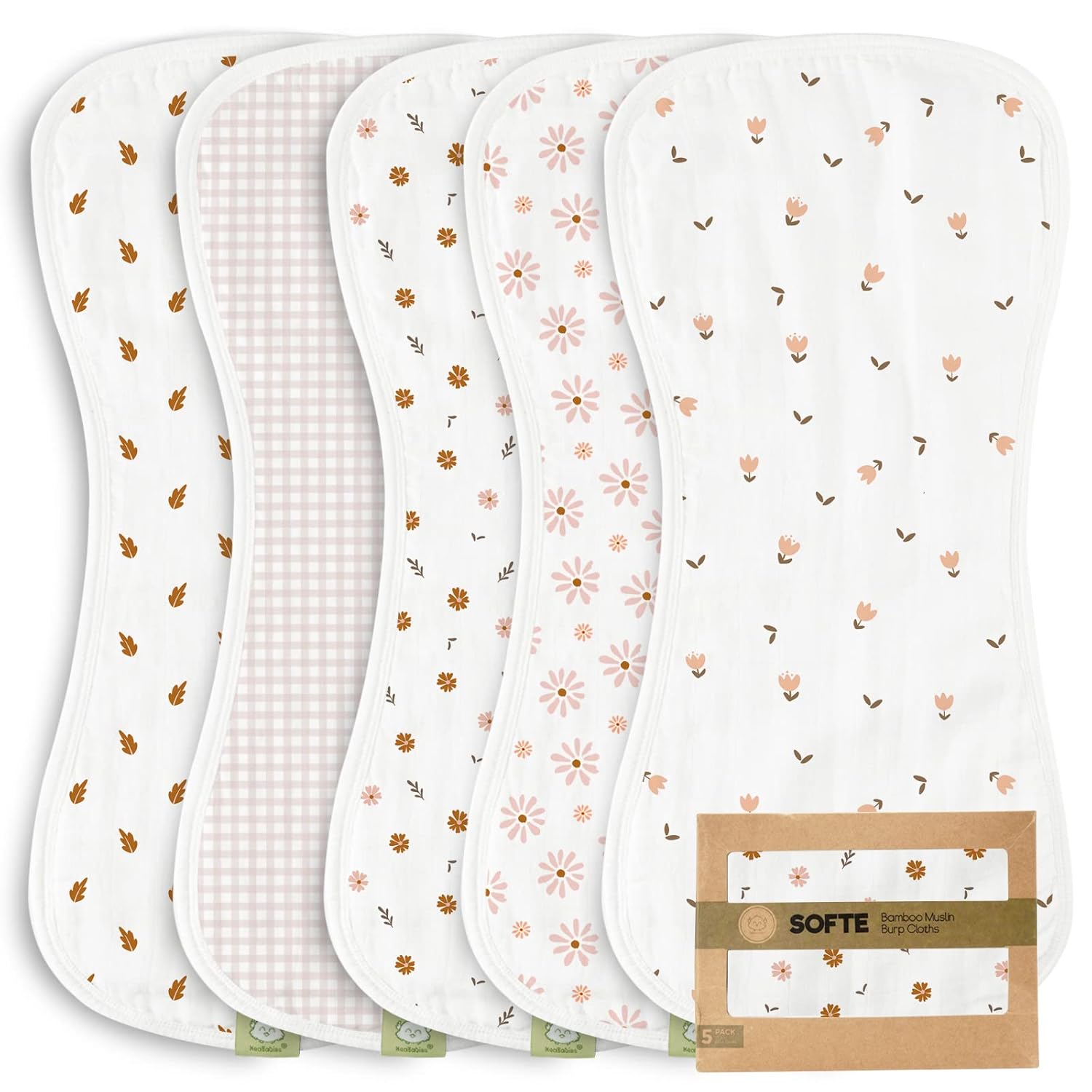 5-Pack Muslin Baby Burp Cloths - Organic White Bamboo Cotton Burp Cloth - Burp Rags - Neutral Burp Clothes for Baby Boy, Girl, Newborn, Unisex - Large Absorbent Muslin Burp Cloths (Petals) : Baby