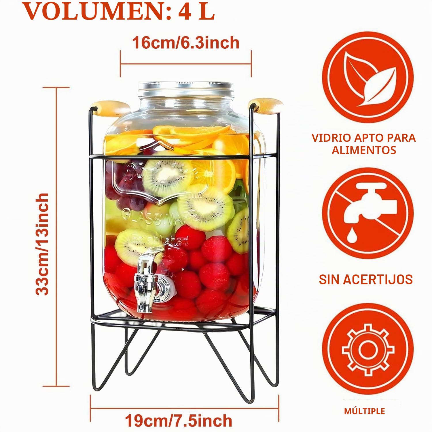 Dispensador de bebidas de 4 l con soporte con grifo y tapa, dispensador de agua de cristal con prensa, grifo dispensador de zumo, dispensador de limonada, frigorífico, fiestas, dispensador