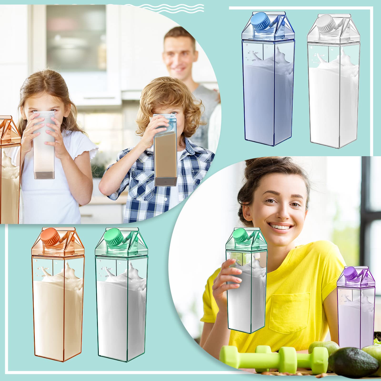 Foaincore 20 Pcs 17oz Clear Plastic Milk Carton Bottles - Leakproof Reusable Water Bottles With Two Lids