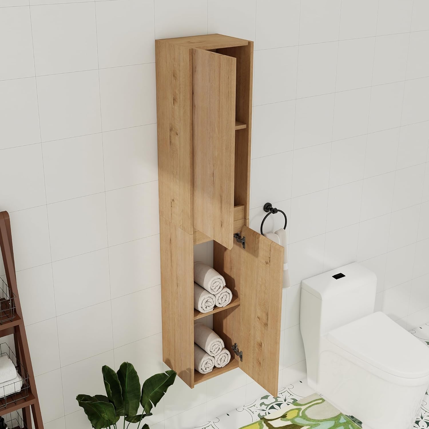 12 Inch Slim Bathroom Storage Cabinets Combo, 2 Floating Bathroom Side Cabinet for Small Spaces, Bathroom Wall Cabinet with Soft Close Doors, Bathroom Side Cabinet Wall Mounted