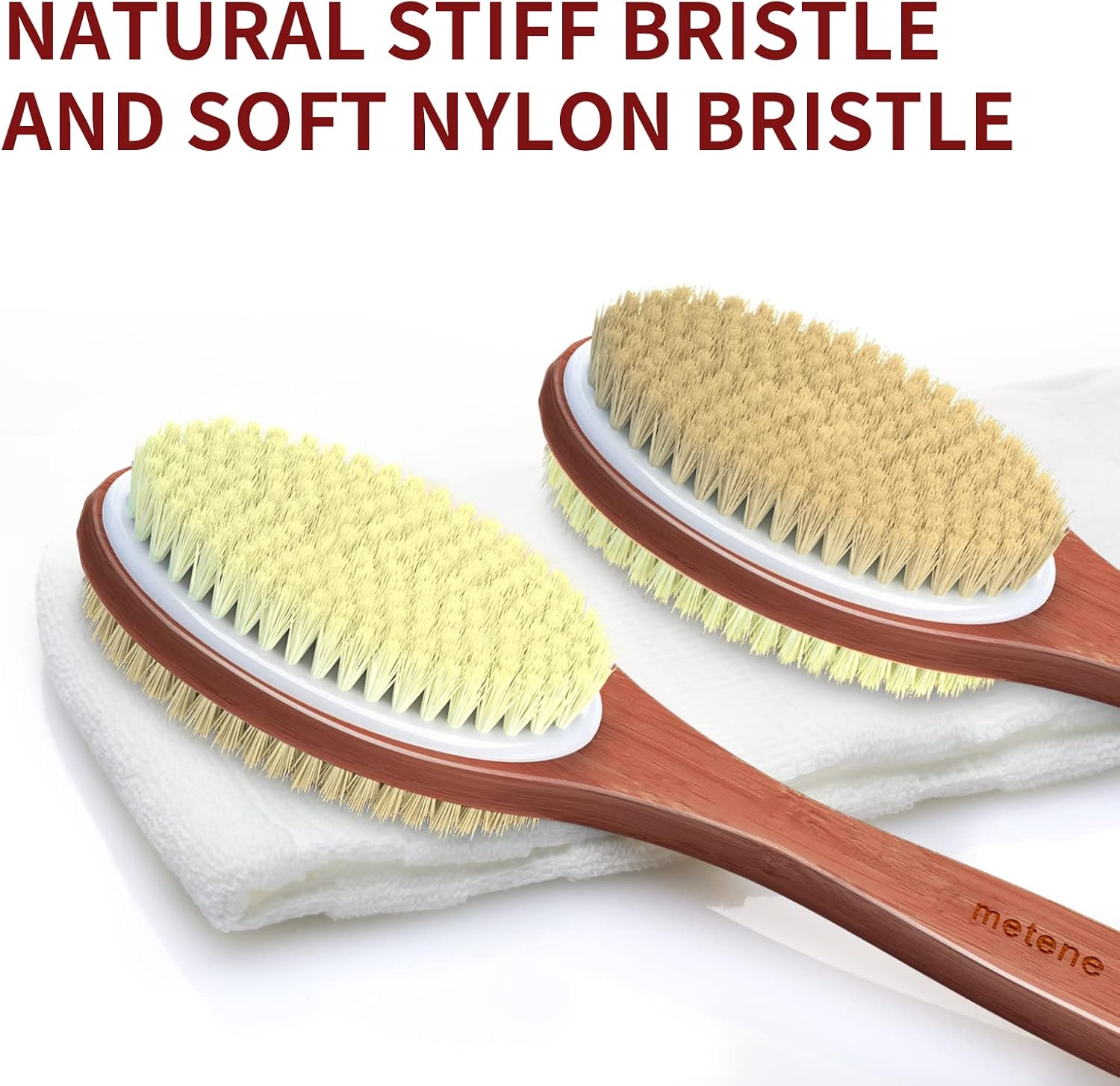 Metene Shower Brush with Upgrade 17-inch Rosewood Handle, Double-Sided Body Brush with Stiff and Soft Natural Bristles for Wet or Dry Brushing, Back Scrubber for Gentle Exfoliating and Clean Easily : Everything Else