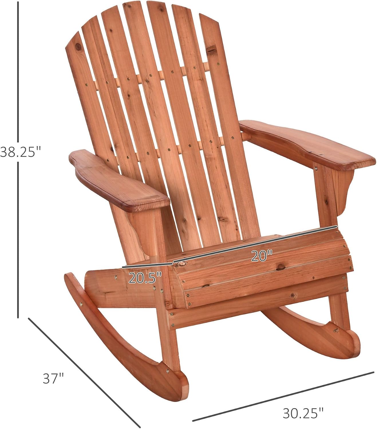 Solid Fir Wood Adirondack Rocking Chair in Teak Finish: Fanned Back, Wide Armrests, Slatted Seat, 30.25" L x 37" W x 38.25" H, 285lbs