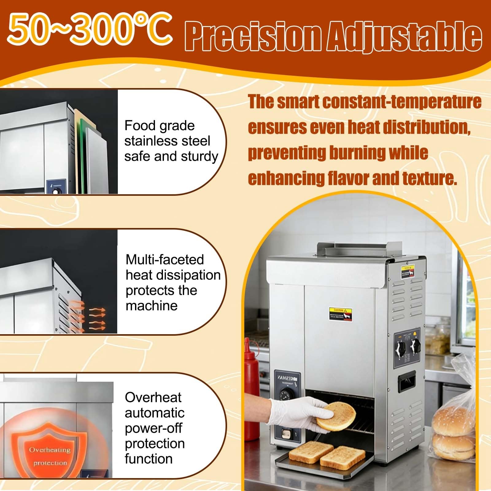 Tostadora Automática De 2000 W Para Panes De Hamburguesa; Tostadora Vertical Profesional Con Doble Control De Temperatura (50-300 °C) Tostado Continuo Para Restaurantes Comida Rápida