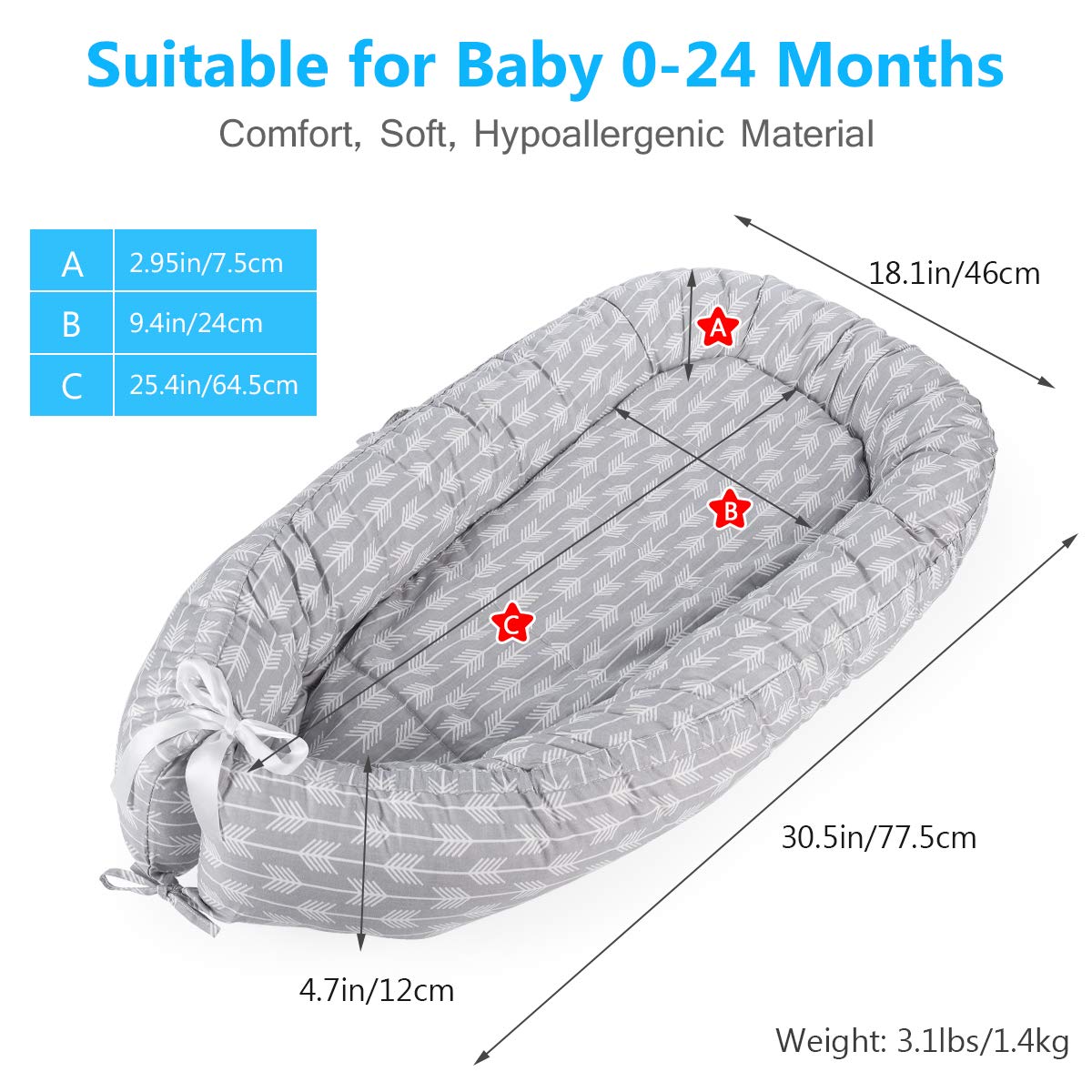 Tumbona nido para bebé, súper suave y transpirable, cama biónica desmontable con 2 colchones reemplazables (flecha)
