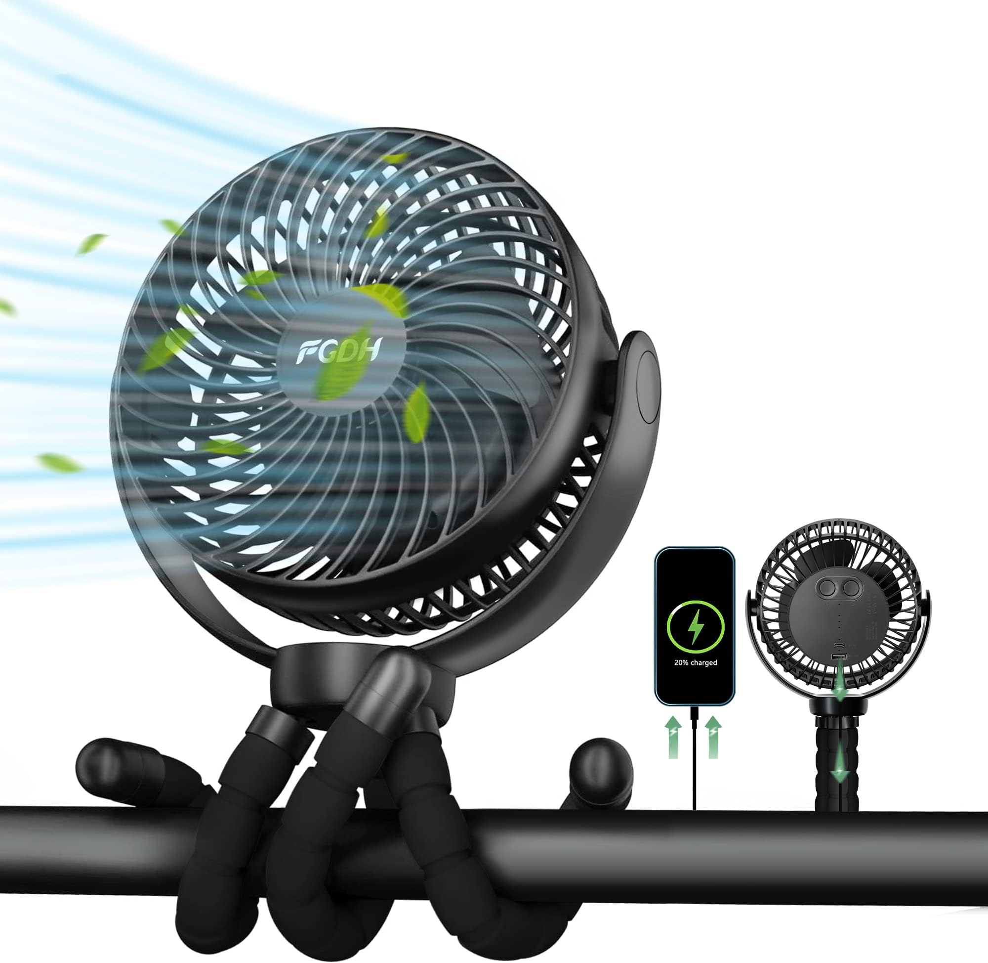 Stroller Fan - 10000mAh Battery Pram Fan, Timer & Dual 360° Rotation USB Fan, Ultra Quiet 3 Speed Adjustable Car Seats Clip on Fan with Flexible Tripod for Crib/Office/Treadmill/Camping, Black