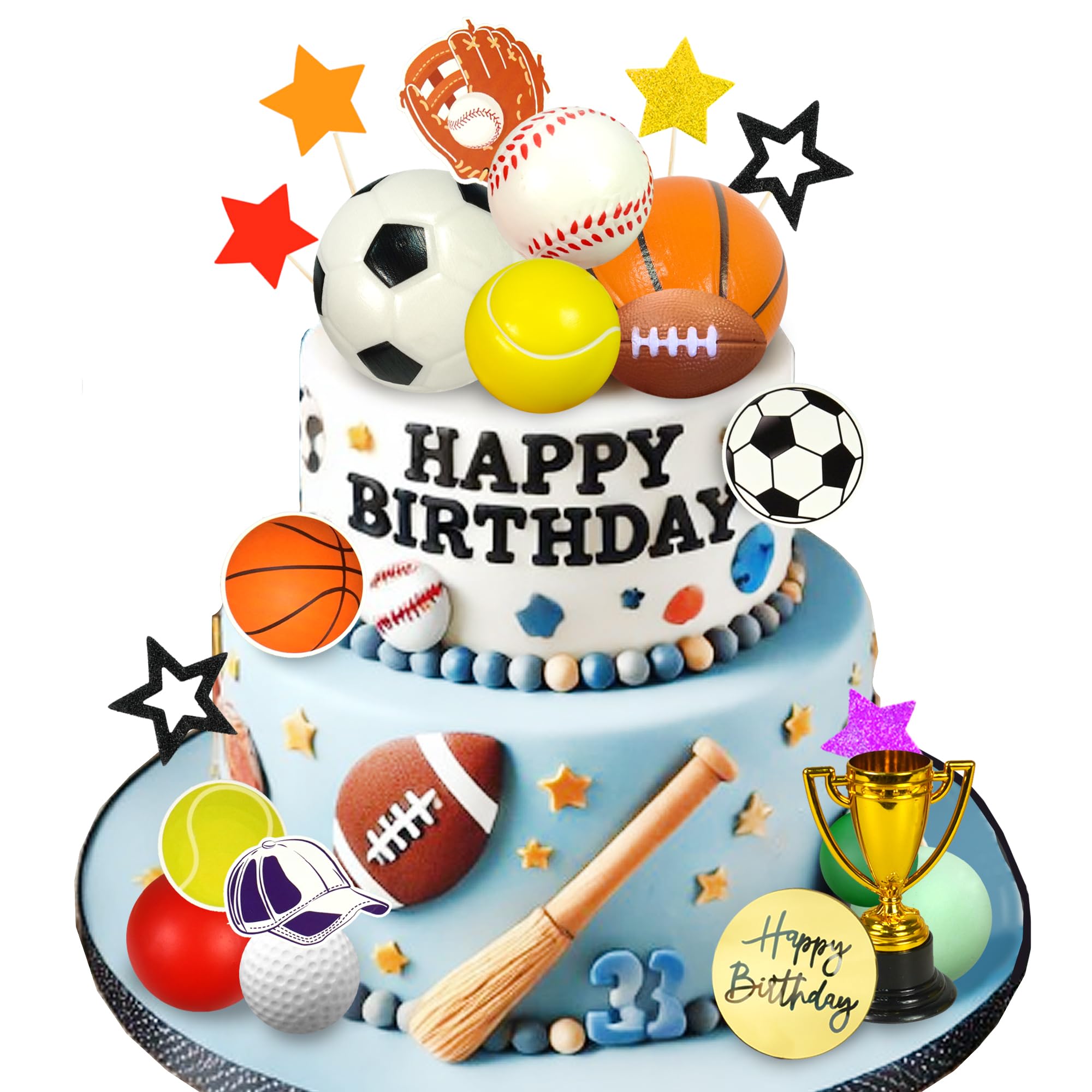 DRWATE Sports Cake Toppers Sports Cake Decoration with Soccer Football Baseball Basketball Tennis Golf for Boys Men Theme Birthday Party Supplies (Multicolor)
