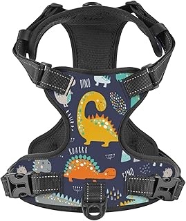 No Pull Dog Harness for Small Dogs Easy Walk Dog Vest Adjustable Collars Harnesses & Leashes Set Breathable Oxford Outdoor Walking Safety Reflective Strip Kids Cute Dinosaurs Prints