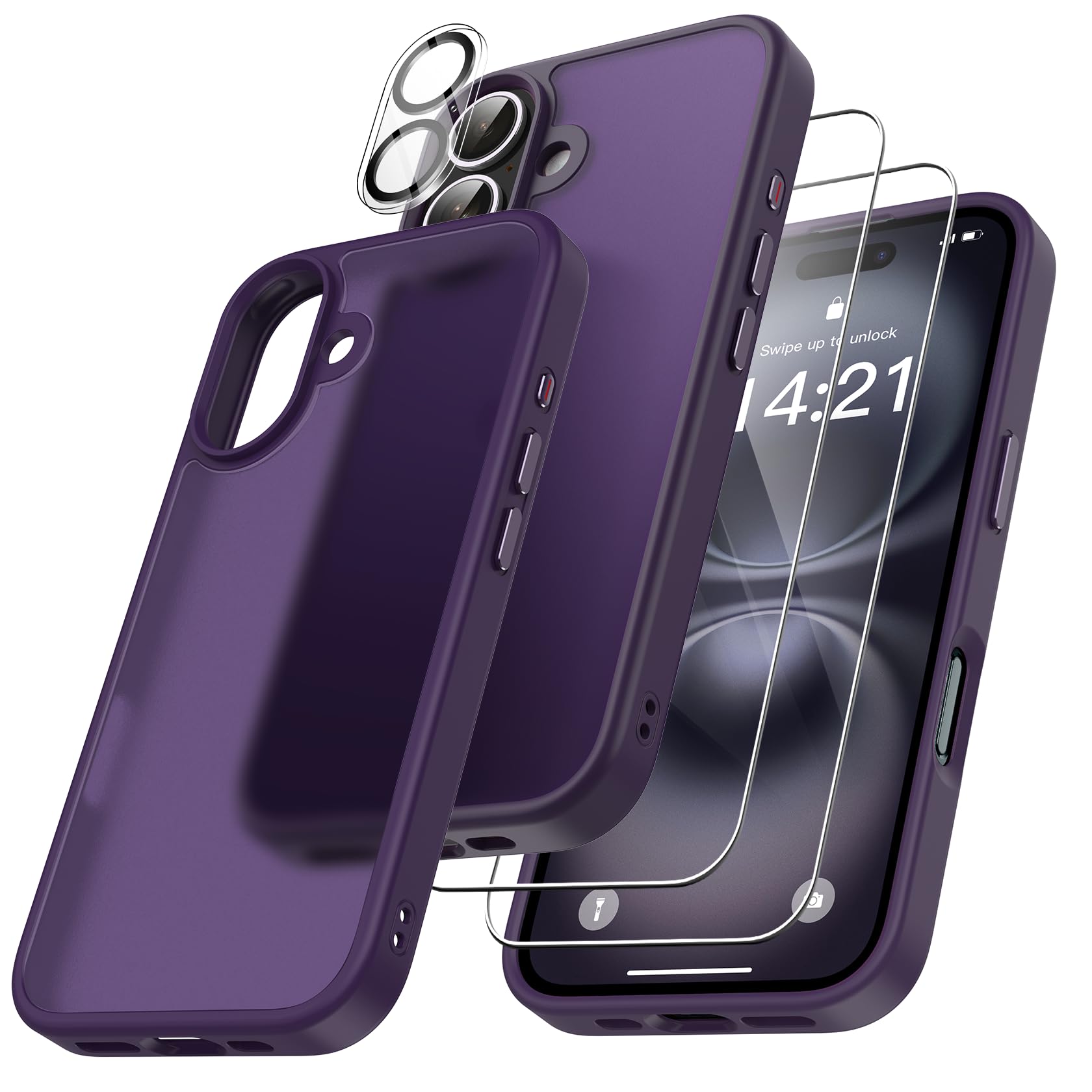 FLLAO 4 in 1 Cover per iPhone 16 Custodia con 2 Pellicola Vetro Temperato e 1 Fotocamera Protettiva, [Cuscino d'aria integrato] Morbido TPU Bumper Protection Cover iPhone 16, Viola Scuro