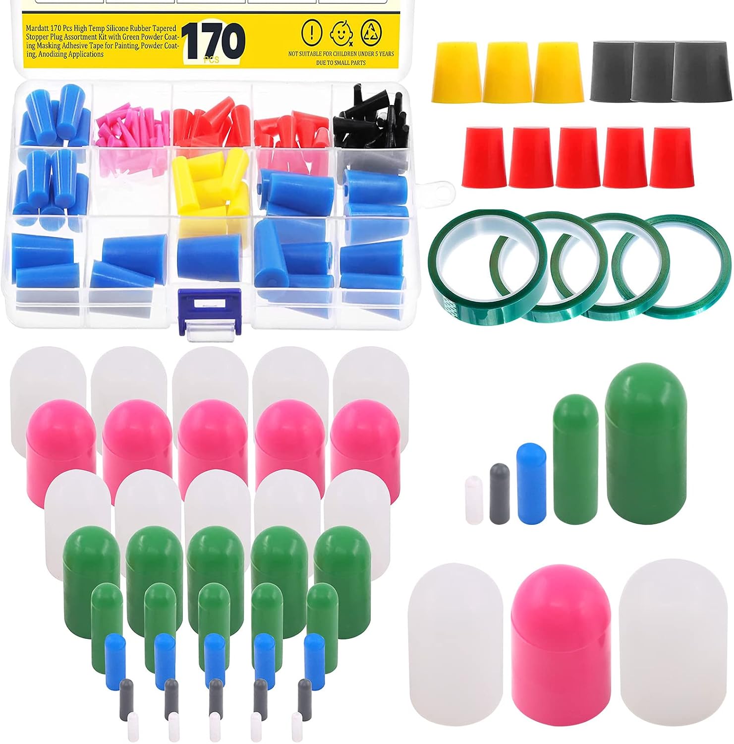 210 Pcs High Temp Silicone Rubber Tapered Stopper Plug and Covers Assortment Kit with Green Powder Coating Masking Adhesive Tape for Painting, Powder Coating, Anodizing Applications
