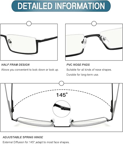Miniatura 5 de 2 pares de lentes de lectura con bloqueo de luz azul, lentes de medio marco, lectores de metal con semi borde con estuches para mujeres y hombres