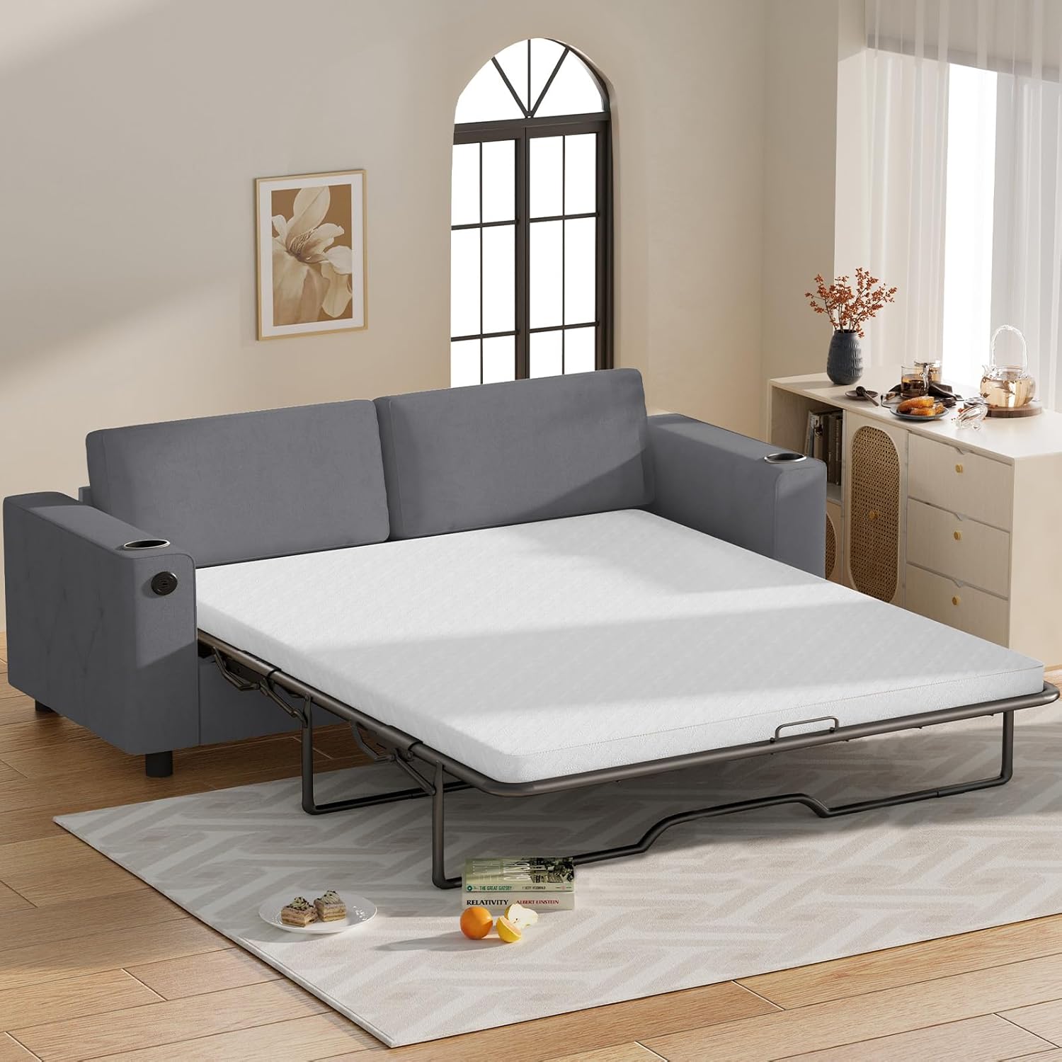 BALUS Pull Out Sofa Bed, Queen Sleeper Sofa with Pullout Couch Bed, 2-in-1 Convertible Sofas Beds with Cup Holder and USB Charging Port,Loveseat Sleeper with Memory Mattress for Living Room, Dark Gray