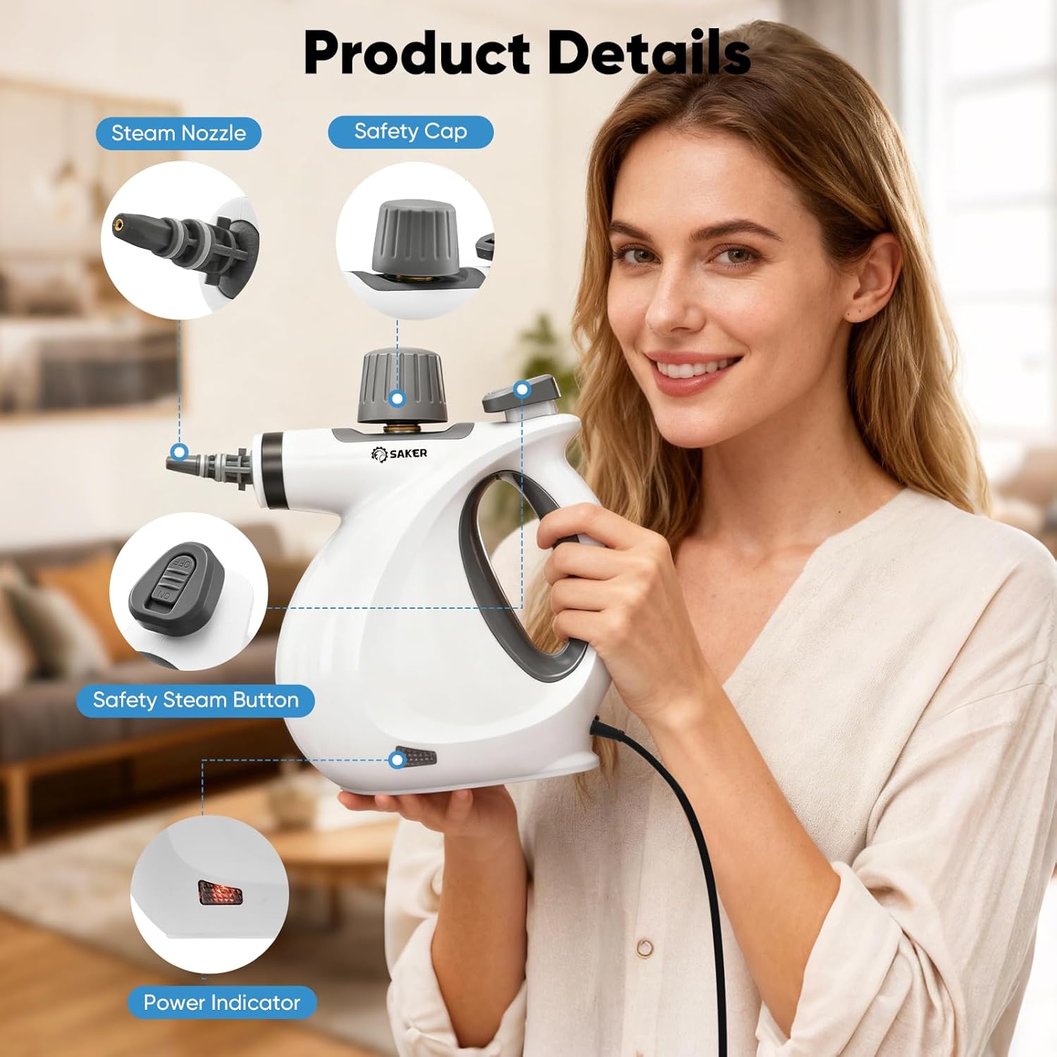 Saker Handheld Steam Cleaner New,Portable Steam Cleaner for Home,1050W Steam Cleaner,4 Fiber Cloths for Quick Heating & Deep Cleaning of Floors, Cars, and Kitchen - Image 5