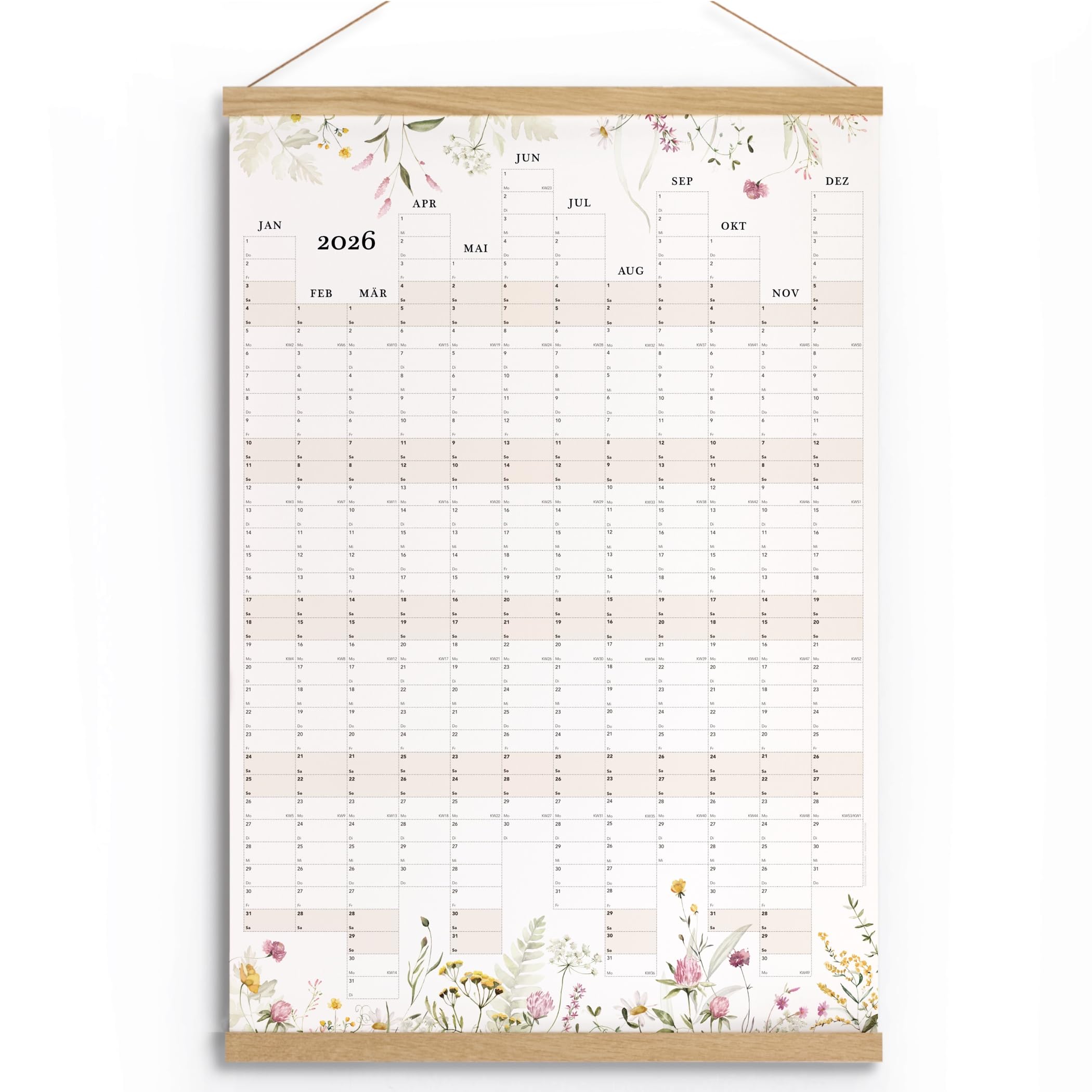 Calendario de pared 2026 con soporte de madera de roble danés, 70 x 100 cm
