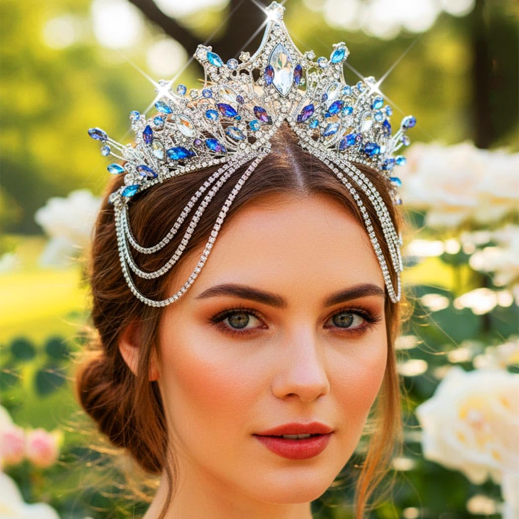 Kilshye Blue Rhinestone Wedding Tiaras and Crowns Silver Crystal Bridal Headband Prom Hair Accessories for Women - Image 5