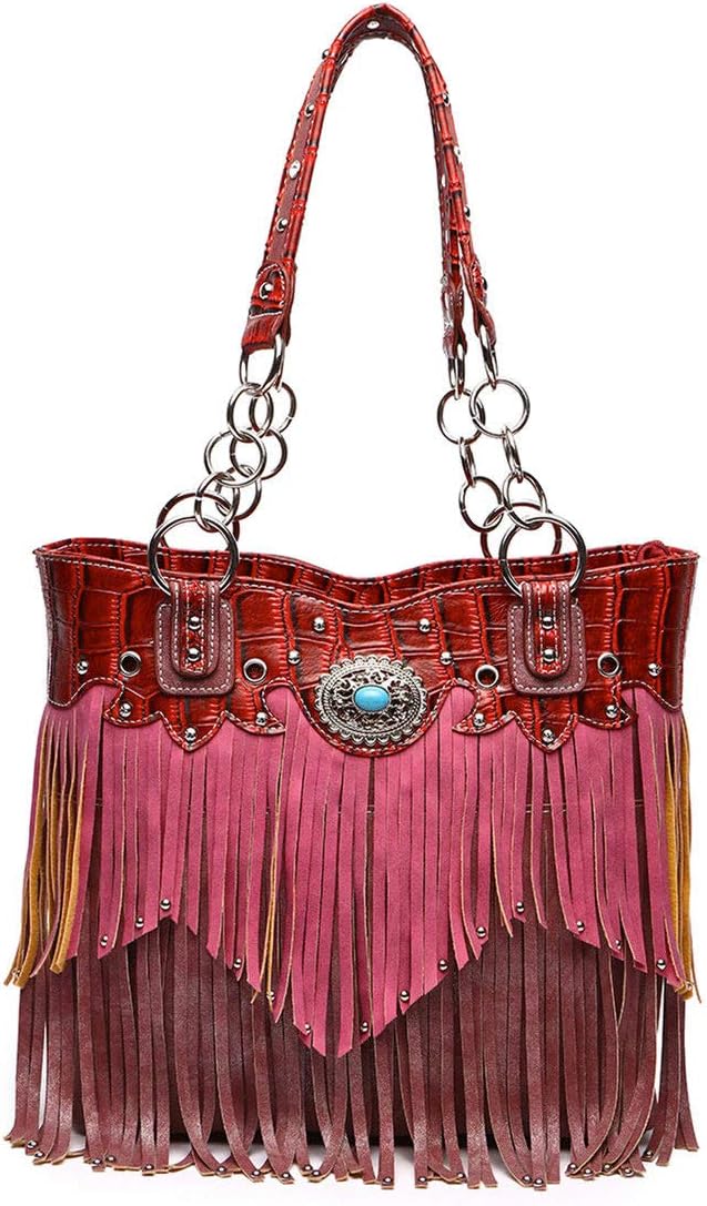 Western Fringe Tote Ladies Handbags Concealed Carry Handgun shoulder bag (burgundy)